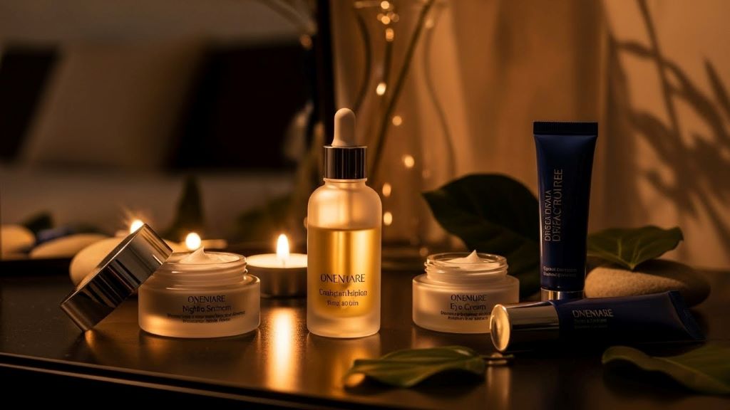 Nighttime skincare products including serum bottles, moisturizer, and eye cream arranged on vanity table