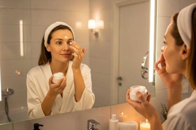 Woman applying night cream to face in bathroom mirror during evening skincare routine
