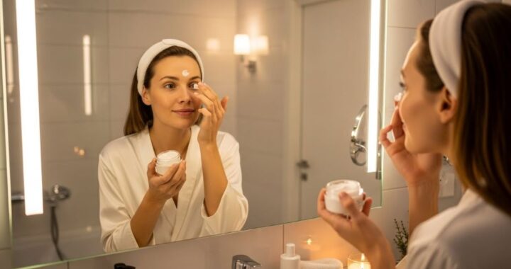 Woman applying night cream to face in bathroom mirror during evening skincare routine