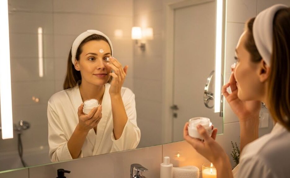 Woman applying night cream to face in bathroom mirror during evening skincare routine