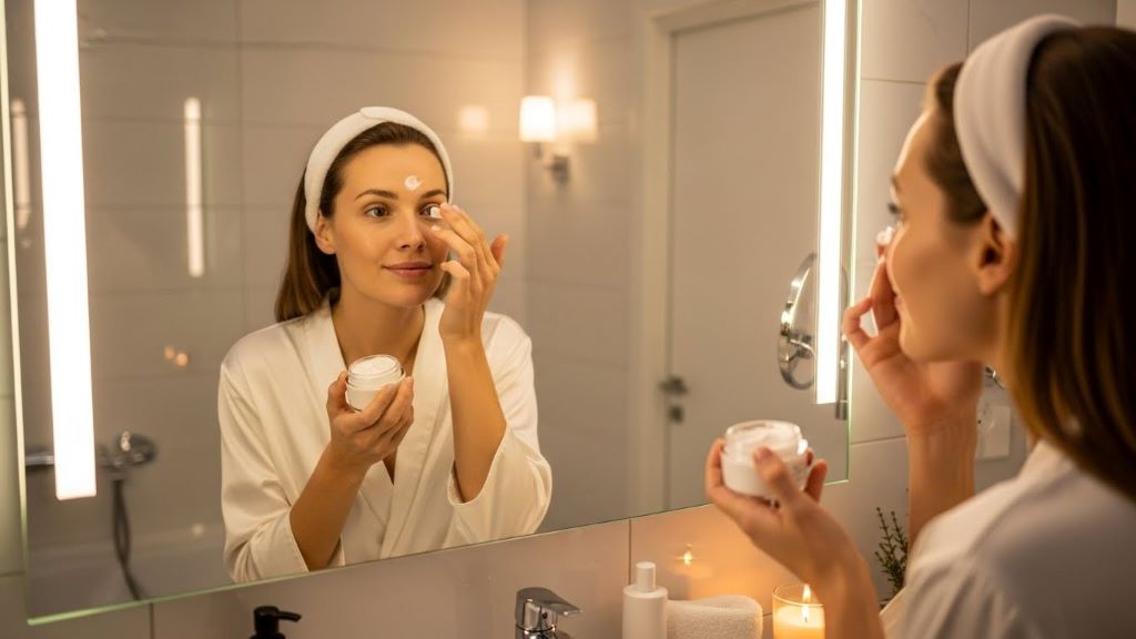 Woman applying night cream to face in bathroom mirror during evening skincare routine