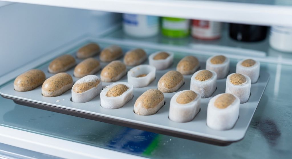 Small silicone molds filled with natural suppository mixture cooling in refrigerator