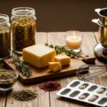 Cocoa butter and herbs arranged on wooden table for making homemade suppositories