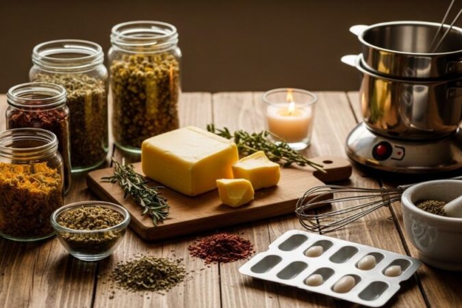 Cocoa butter and herbs arranged on wooden table for making homemade suppositories