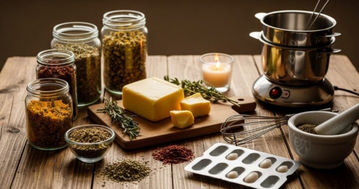 Cocoa butter and herbs arranged on wooden table for making homemade suppositories