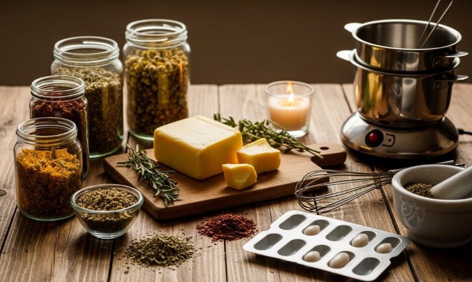 Cocoa butter and herbs arranged on wooden table for making homemade suppositories
