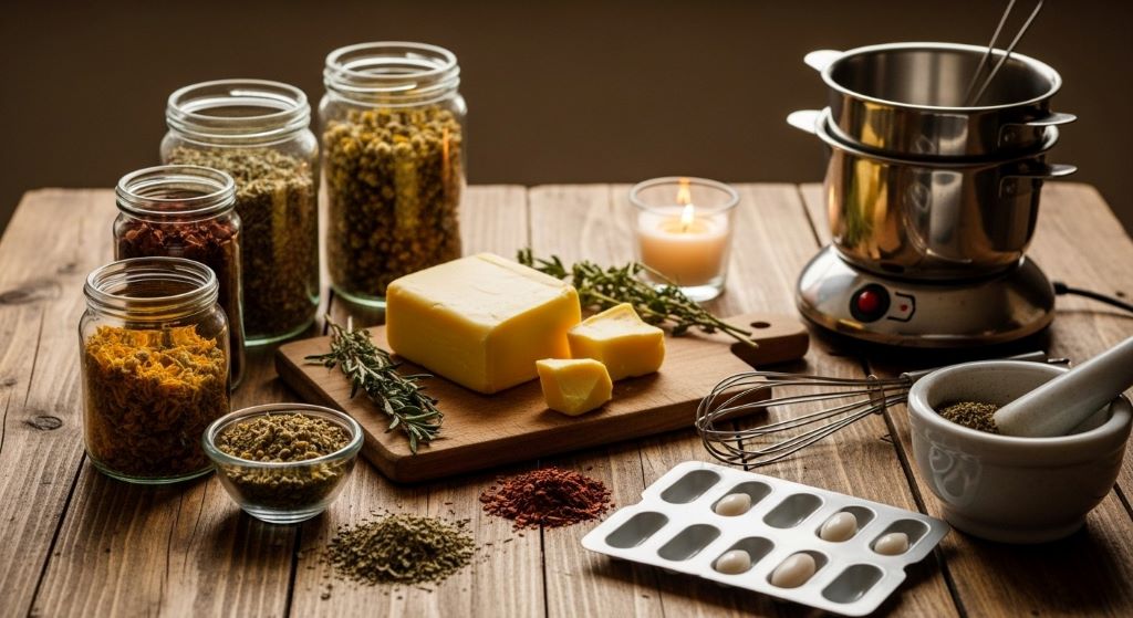 Cocoa butter and herbs arranged on wooden table for making homemade suppositories