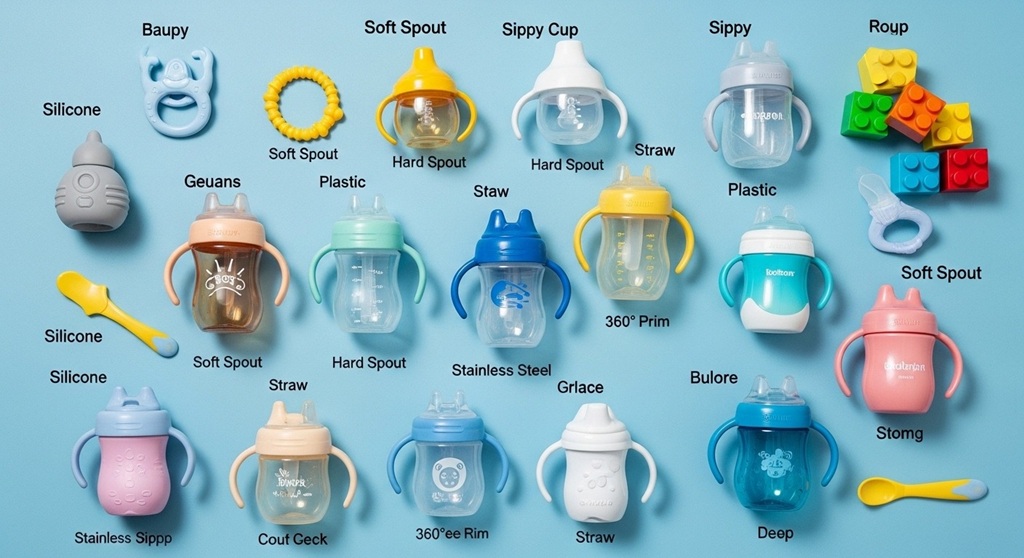 Different types of toddler feeding gear including straw and 360 cups