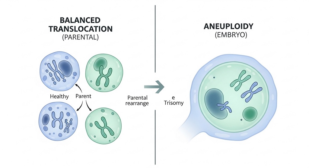 Medical diagram comparing parental balanced translocation chromosomes to resulting embryo aneuploidy causing pregnancy loss.