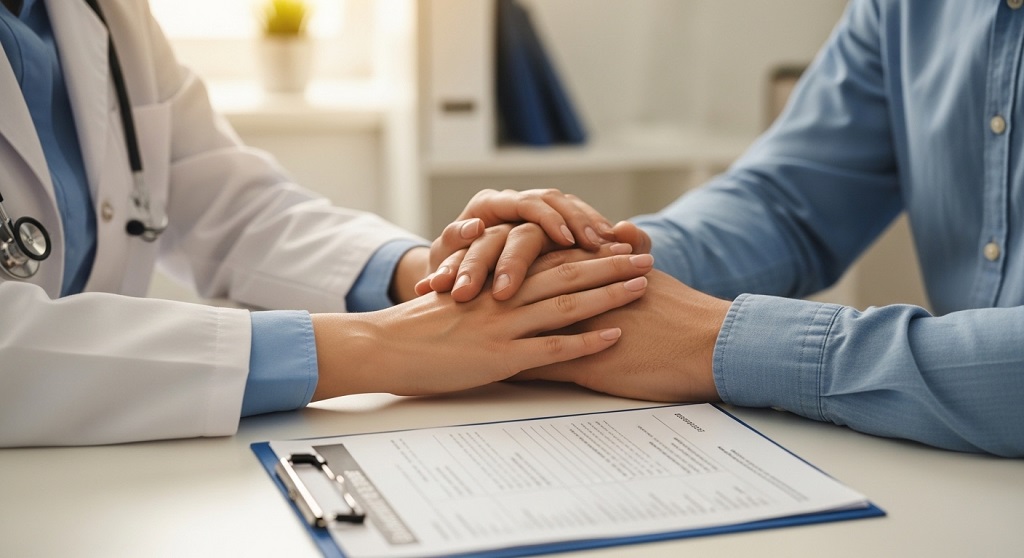 Empathetic genetic counselor comforting a couple during a consultation about recurrent pregnancy loss test results.